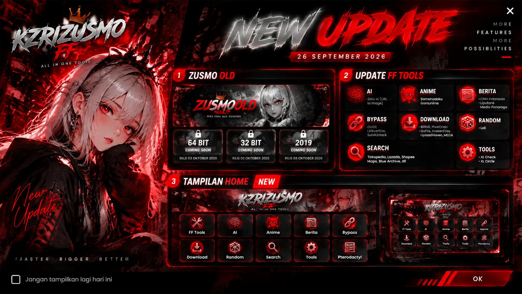 Banner update Zusmo Old, FF Tools, dan tampilan Home